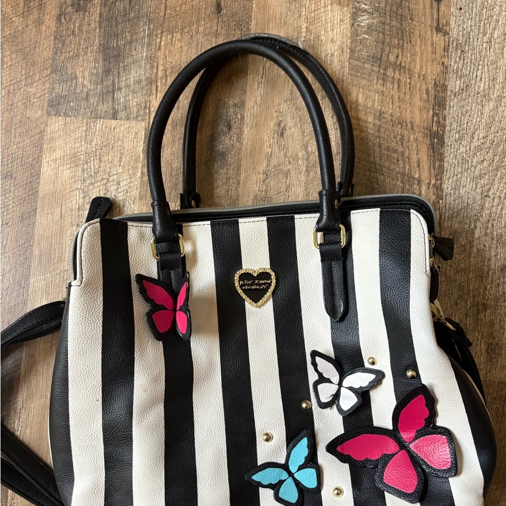 Betsey Johnson Black and White Striped Satchel with Butterfly Accents